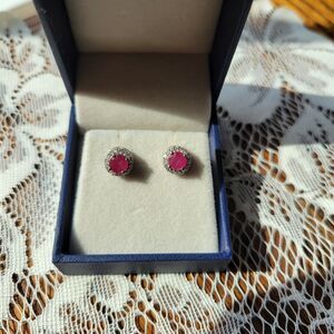 Exquisite Round Genuine Ruby Halo Stud Earrings in Sterling Silver Romantic Love